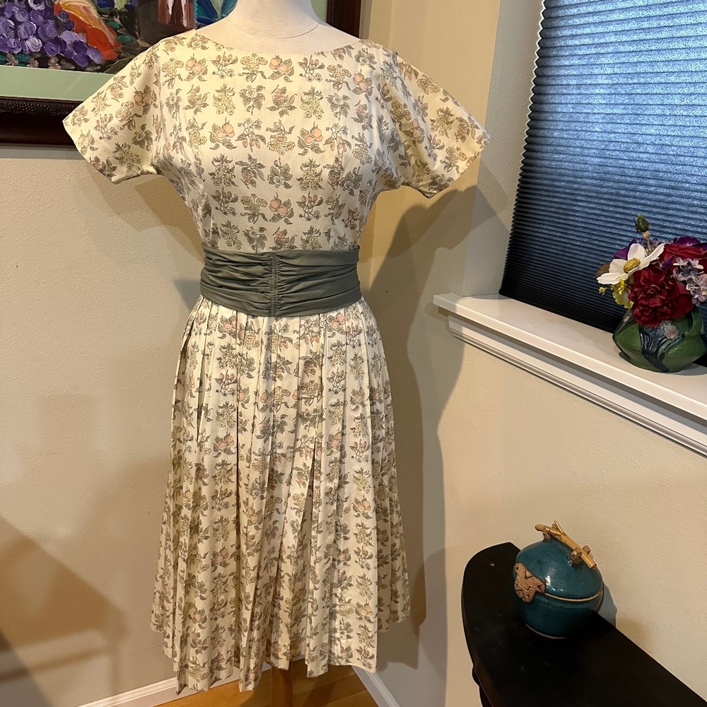 Fit & Flair 1950s Mrs. Maisel Cotton Print Dress w/ Green Sash - XS - S